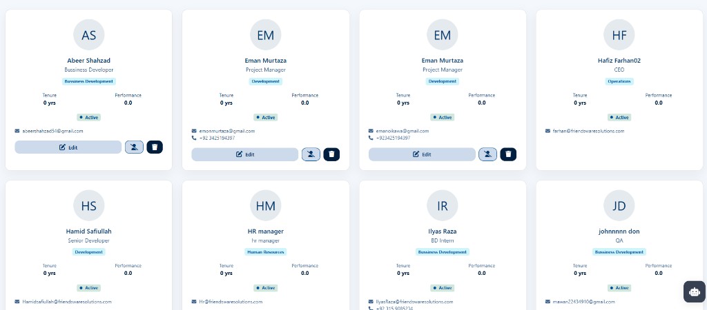 Employee directory cards with name, role, department, tenure, and contact details