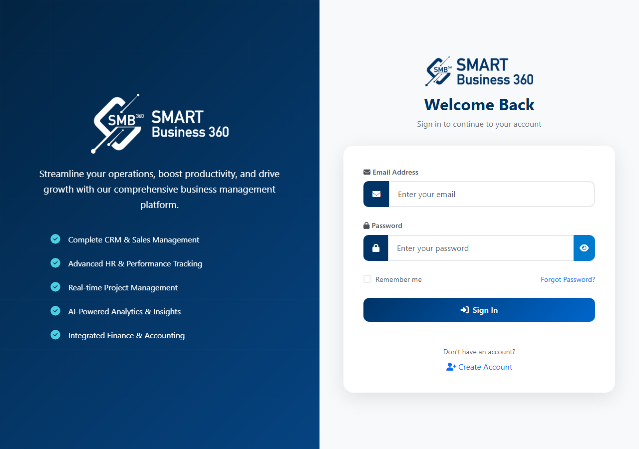 Smart Business 360 login screen with email and password fields