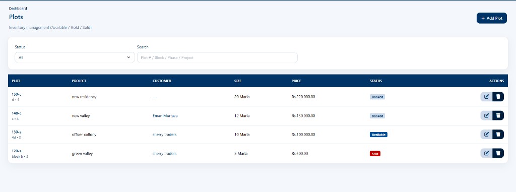 Plots inventory with status badges for booked, available, and sold units