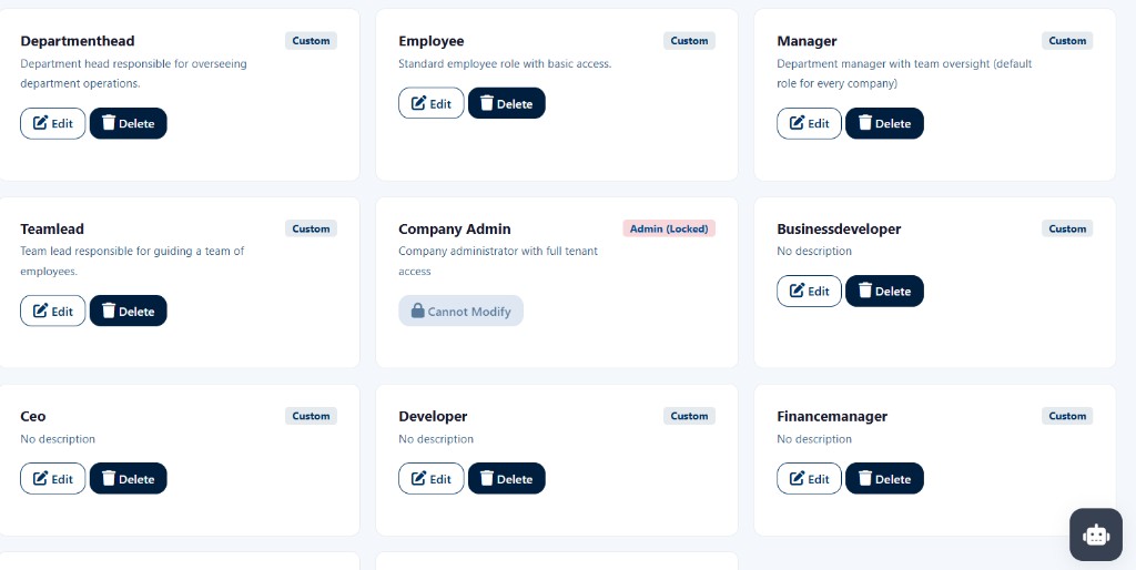 Roles cards showing job roles, descriptions, custom tags, and edit or delete actions